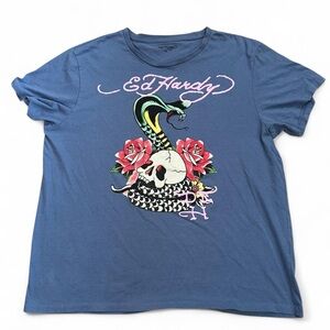 Ed Hardy Men’s Y2K Blue Cobra Rose Skull Graphic T-Shirt  Size XL